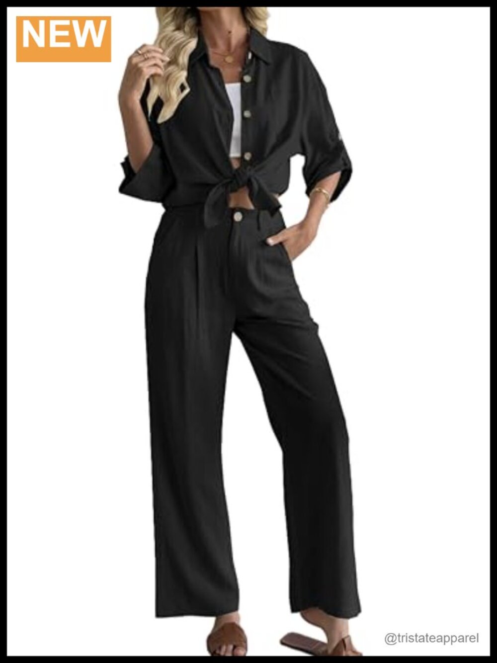 Women's 2 Piece Outfits Linen 3/4 Sleeve Button Down Shirt Wide Leg Pants Set